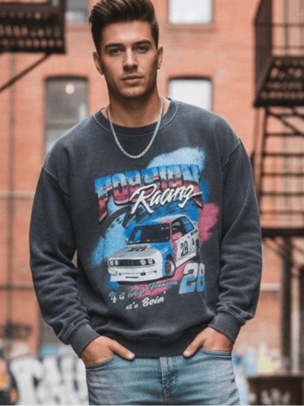 PacSun Men's BMW Racing 28 Graphic Crewneck Sweatshirt - Charcoal